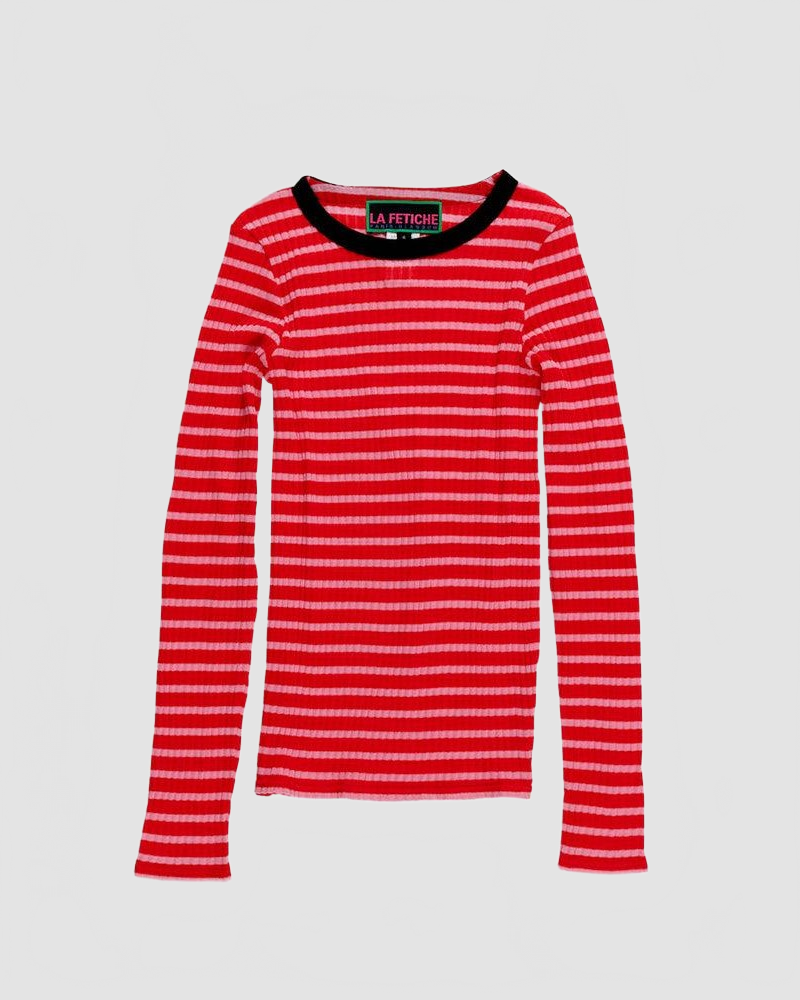 Striped Fine Weight Ribbed Top - La Fetiche - Red / Pink / Black
