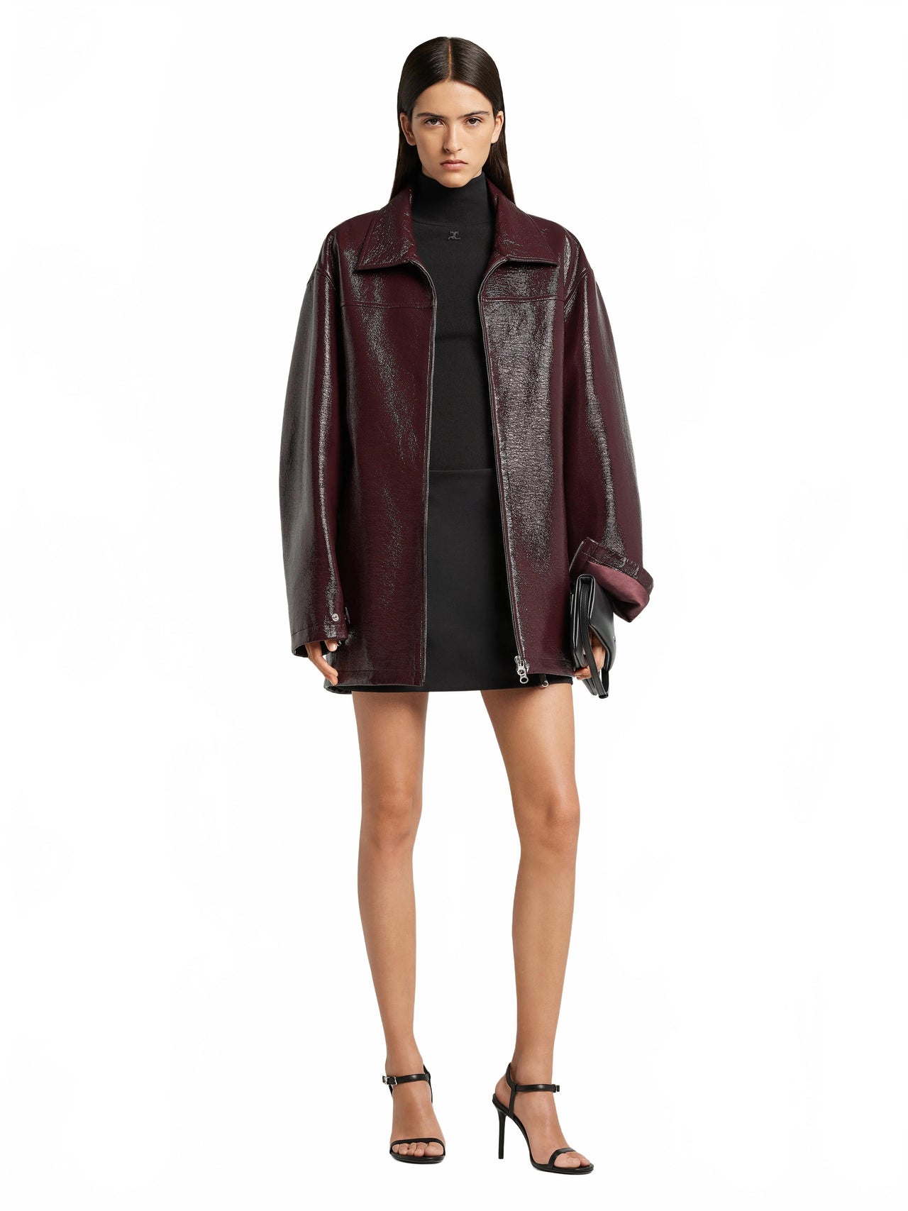 Zipped Vinyl Maxi Bomber Jacket - Courreges - Burgundy