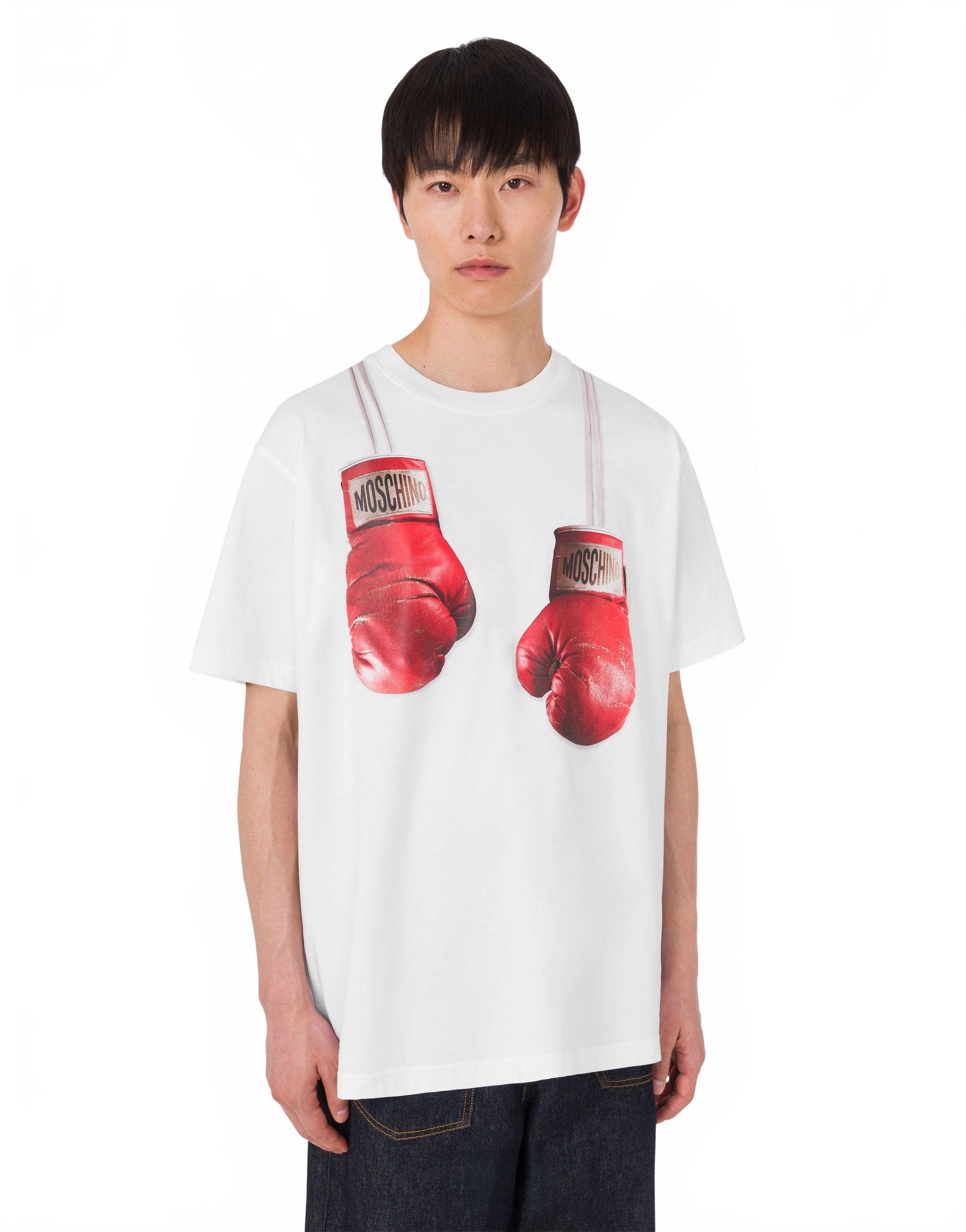 T-shirt En Jersey De Coton Biologique Gants De Boxe - Moschino - Blanc