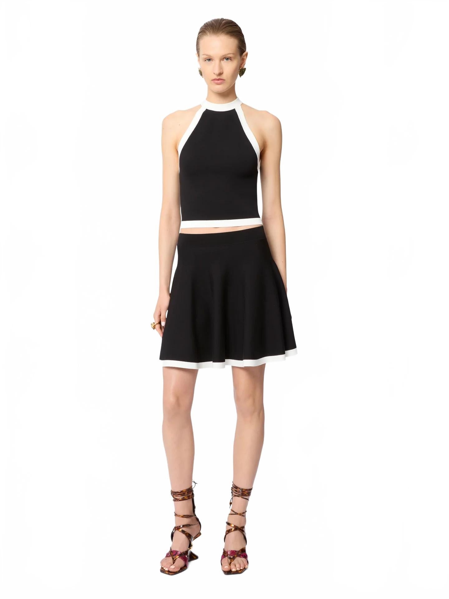Contrasted Knit Mini Skater Skirt - Nina Ricci - Blanc / Noir