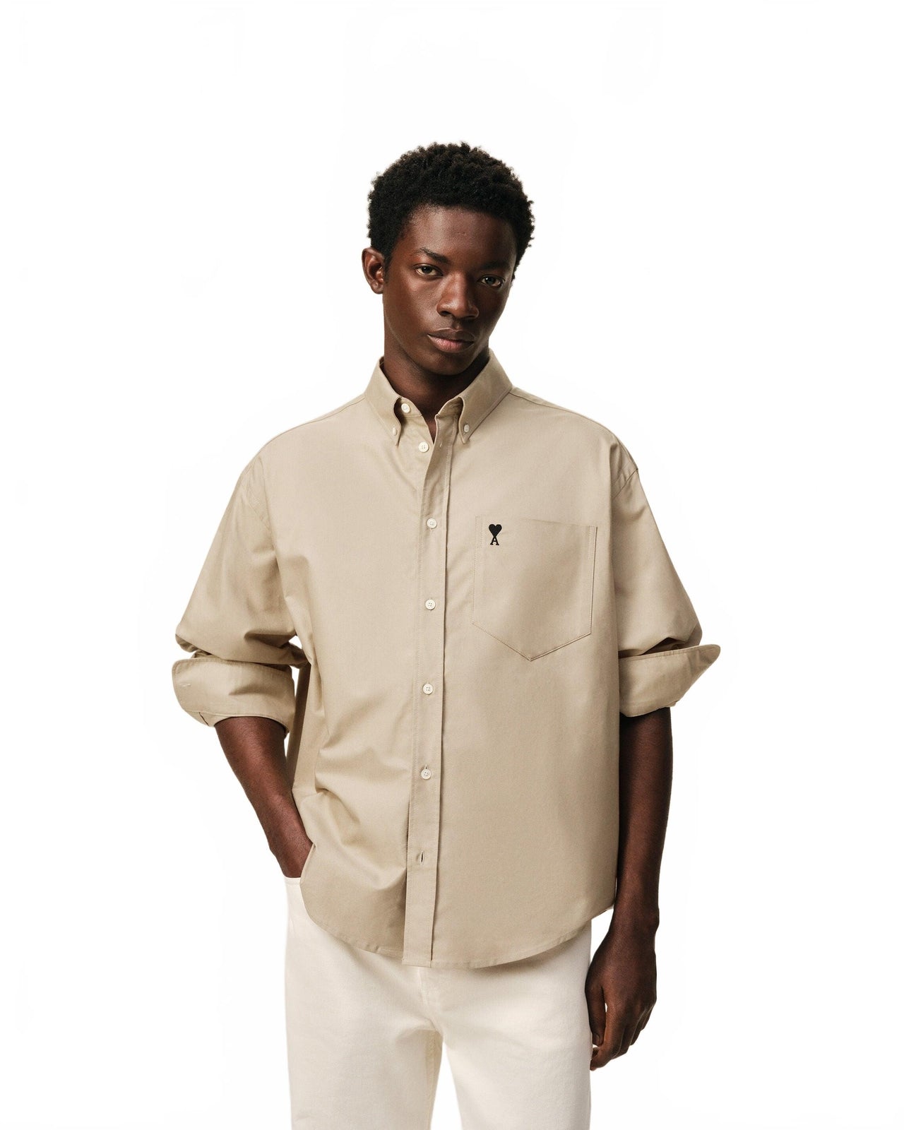 Chemise Boxy Manches Longues Col Boutonne Et Ami De Coeur Brode - Ami - Beige / Taupe