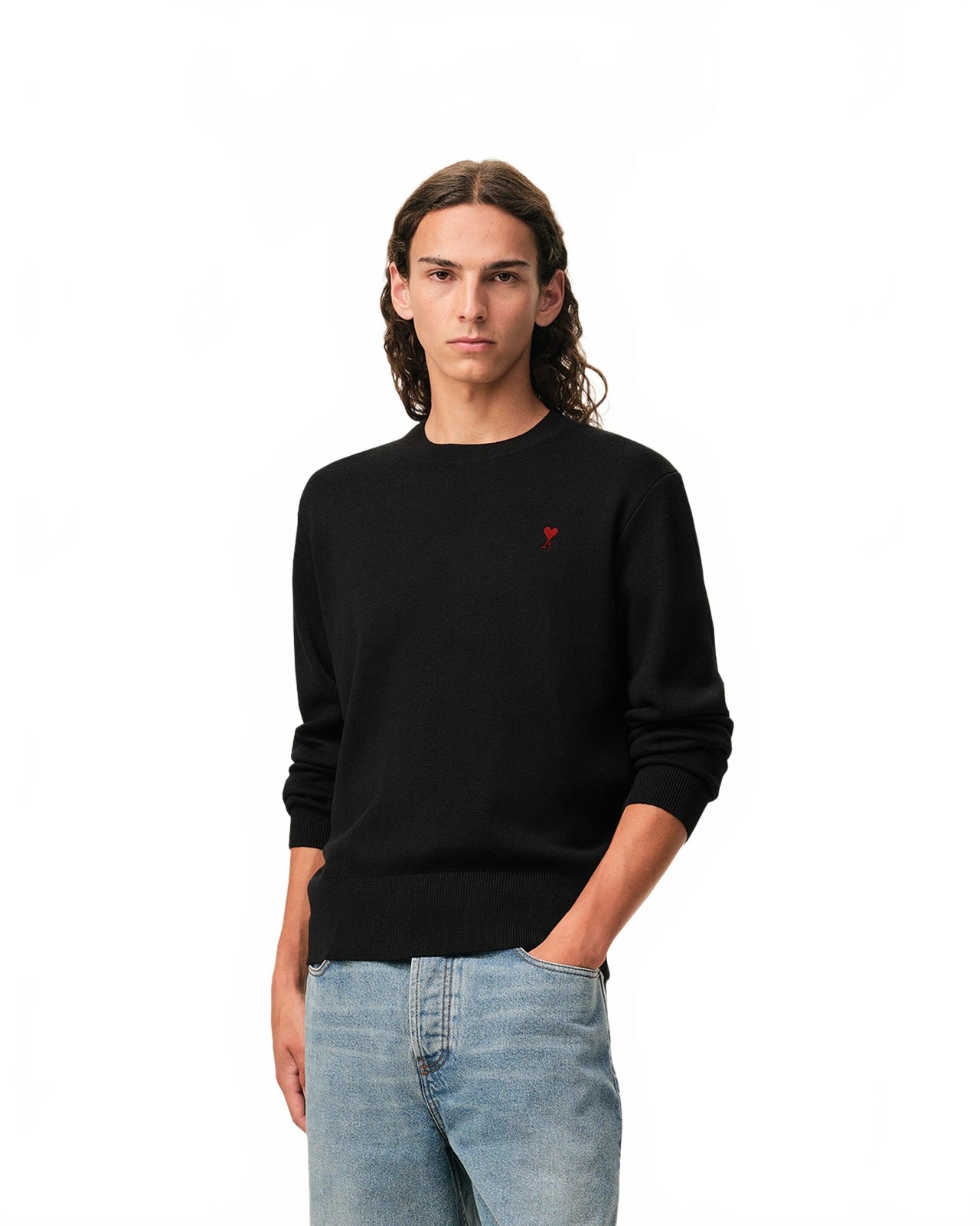 Pull Col Rond Avec Ami De Coeur Contraste - Ami - Noir / Rouge