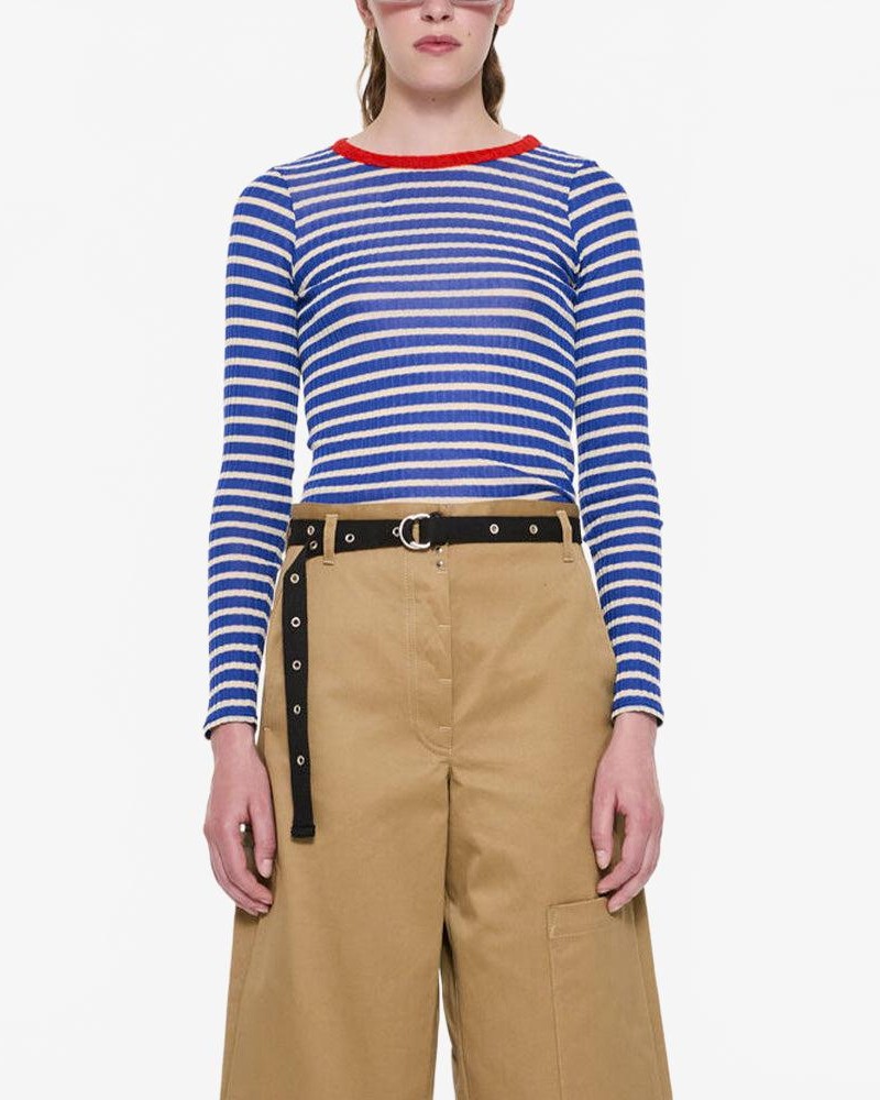 Striped Fine Weight Ribbed Top - La Fetiche - Blue / Ecru / Red