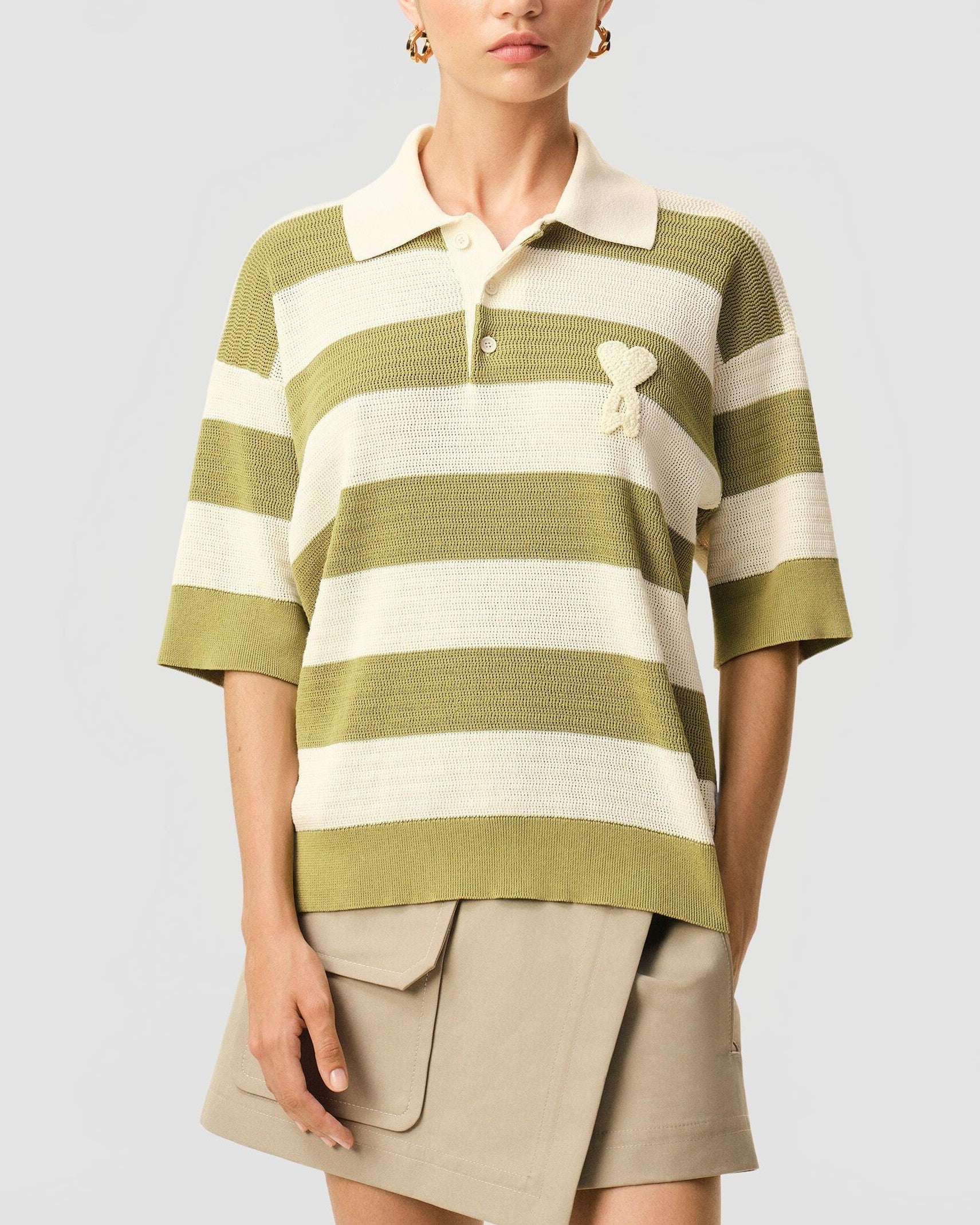 Polo Manches Courtes Avec Patch Ami De Coeur Maille Rayée - Ami - Blanc Crème / Matcha