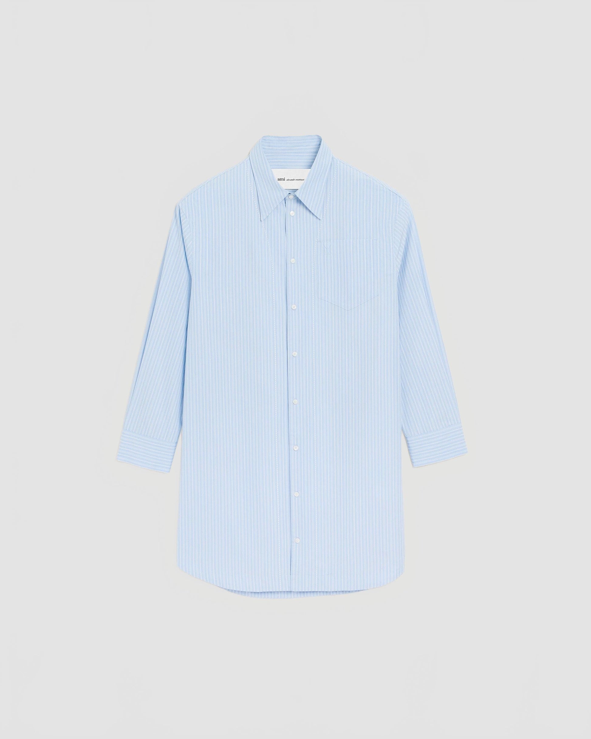Robe Chemise Manches Longues Ami De Coeur Embosse Popeline Rayee - Ami - Bleu Cachemire / Blanc