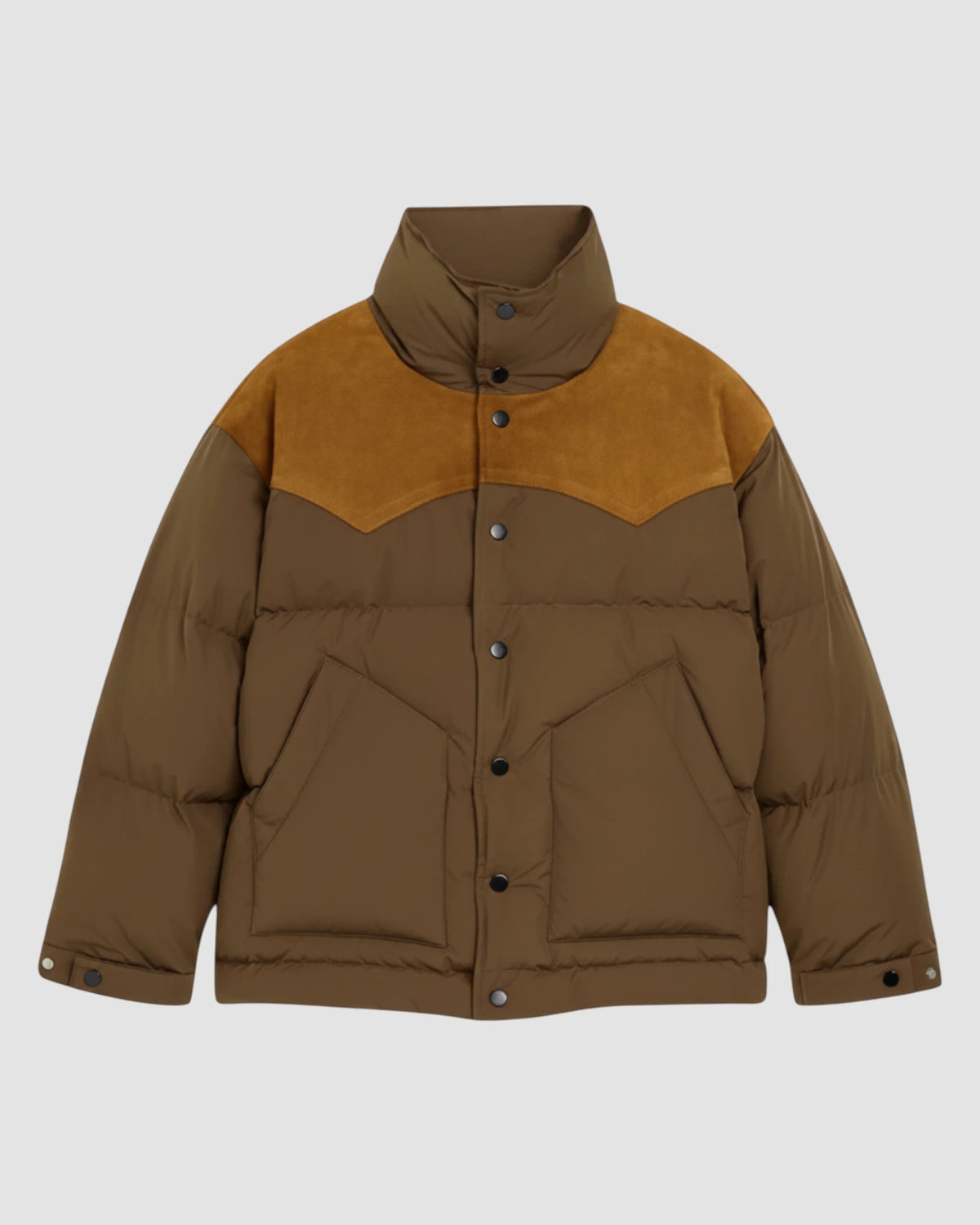 down jacket with leather yoke   ami   chocolate brown 1