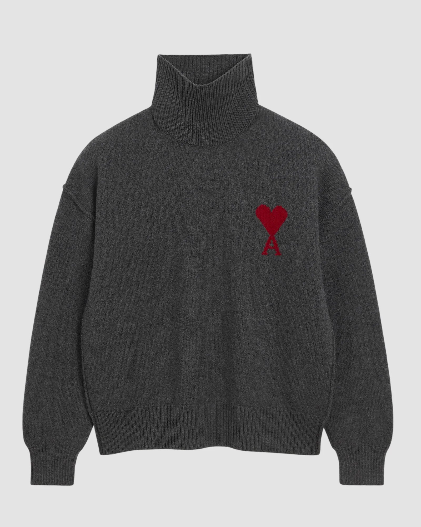 funnel neck sweater with contrasted ami de coeur   ami   heather grey red 1