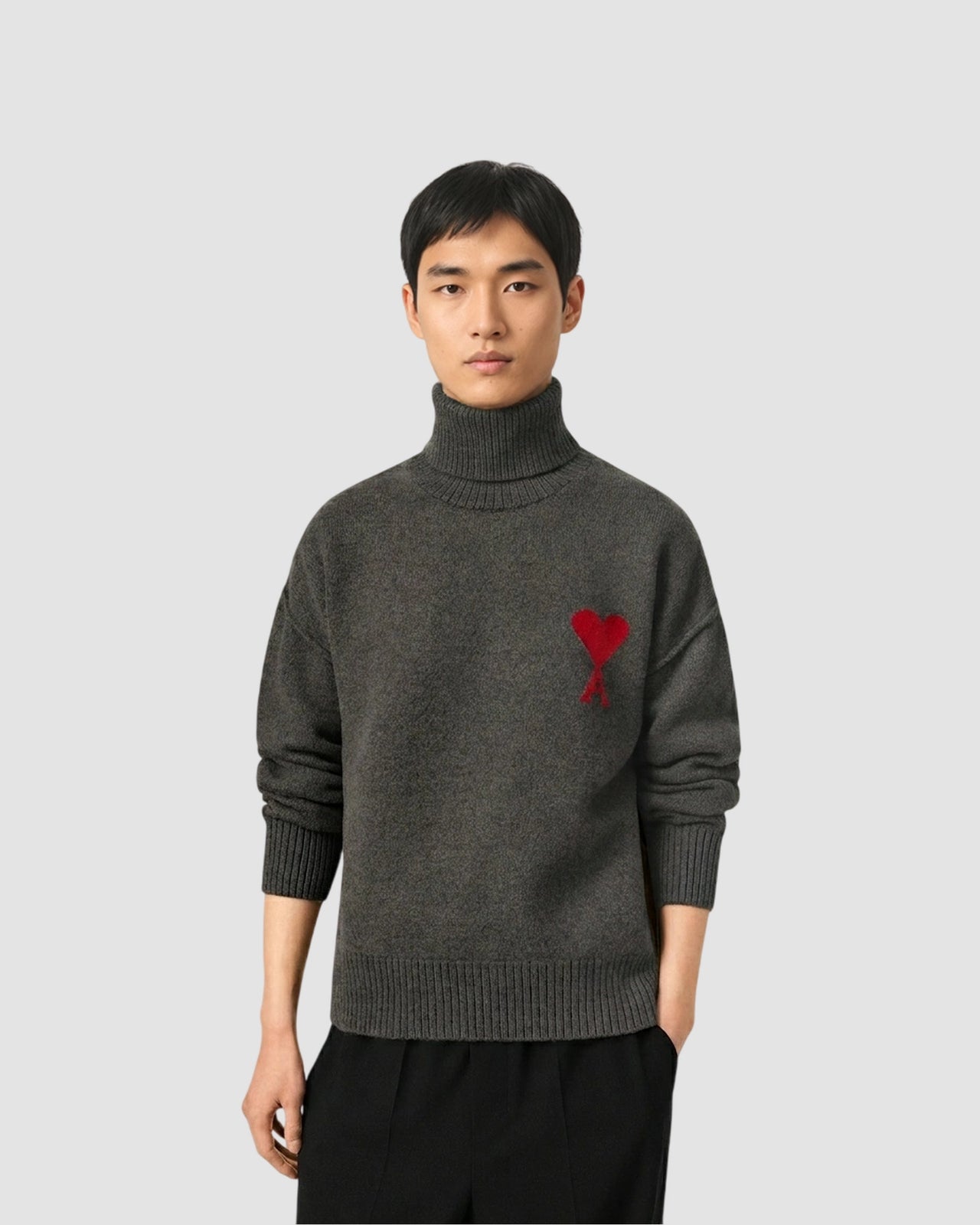funnel neck sweater with contrasted ami de coeur   ami   heather grey red 2