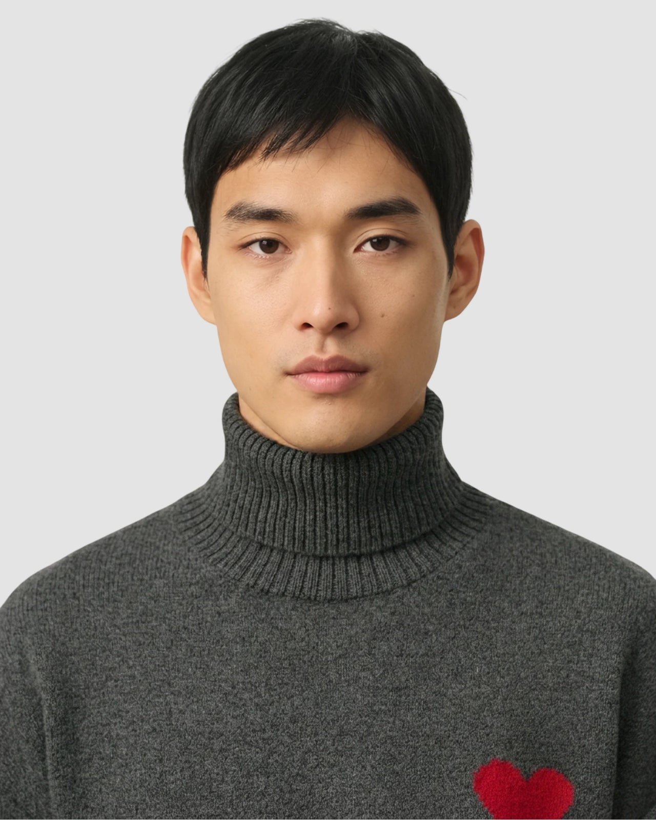 funnel neck sweater with contrasted ami de coeur   ami   heather grey red 3
