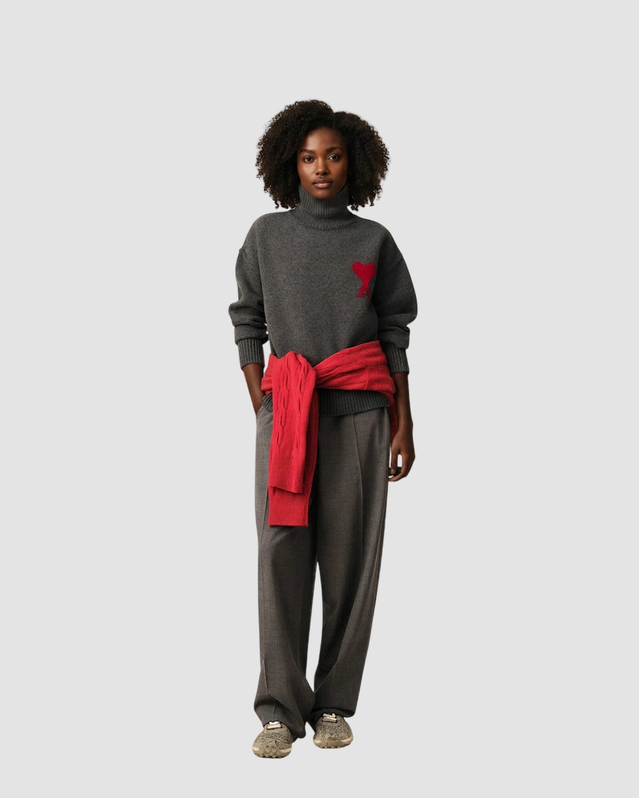 funnel neck sweater with contrasted ami de coeur   ami   heather grey red 6