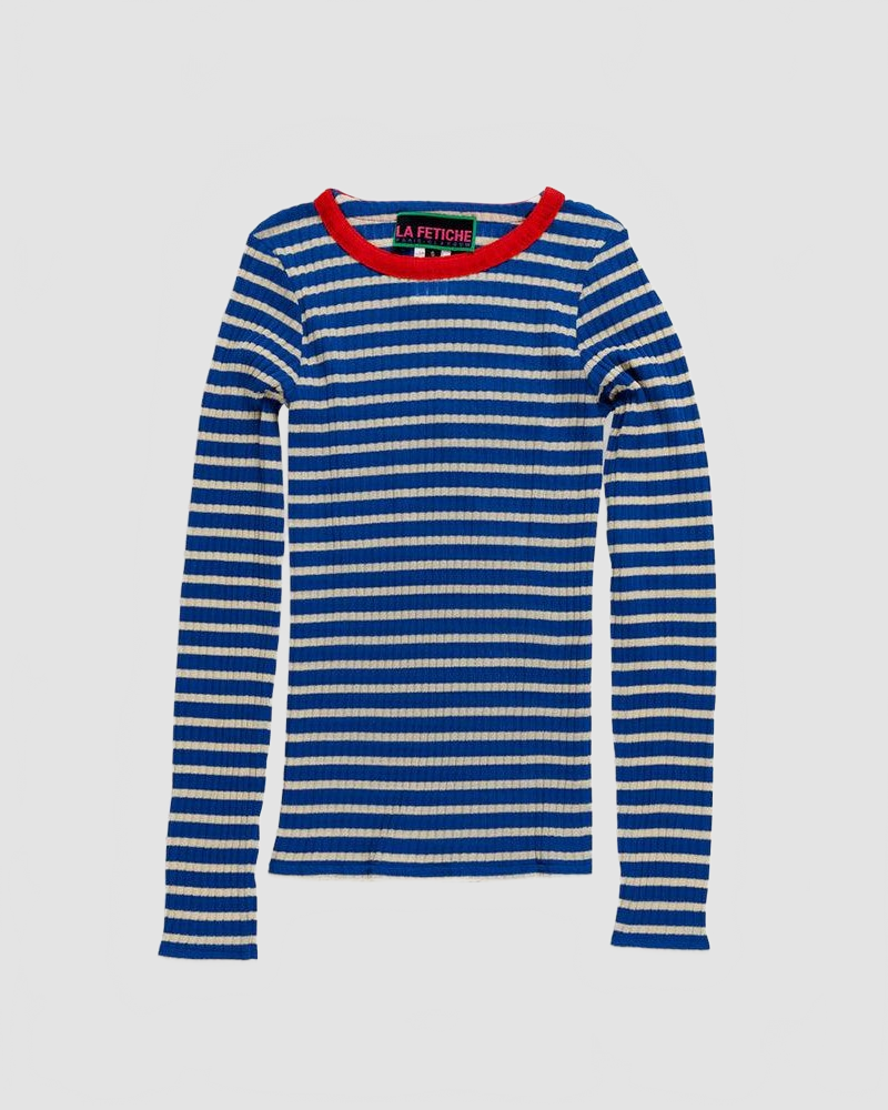 Striped Fine Weight Ribbed Top - La Fetiche - Blue / Ecru / Red
