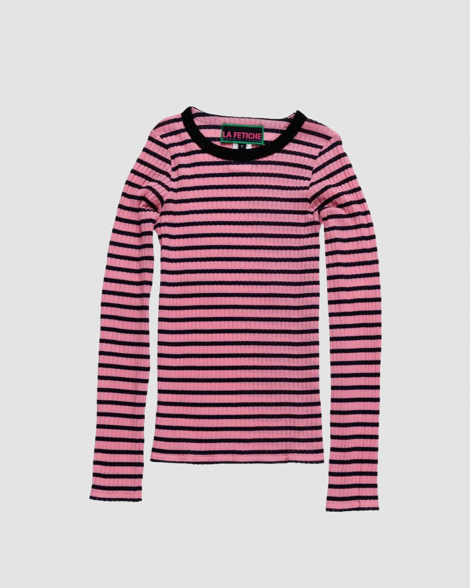 Striped Fine Weight Ribbed Top - La Fetiche - Light Pink / Navy / Black