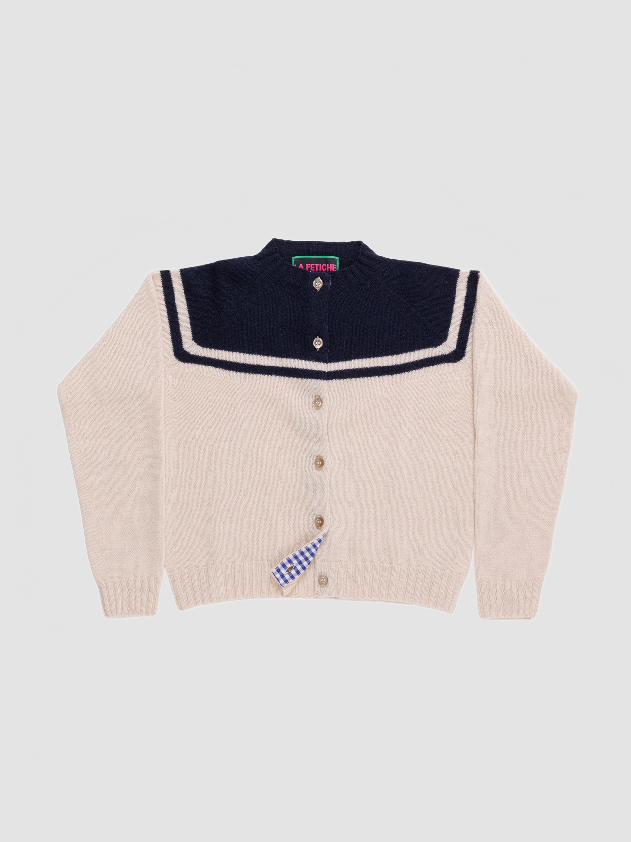 Crew Neck Cardigan - La Fetiche - Ecru / Navy