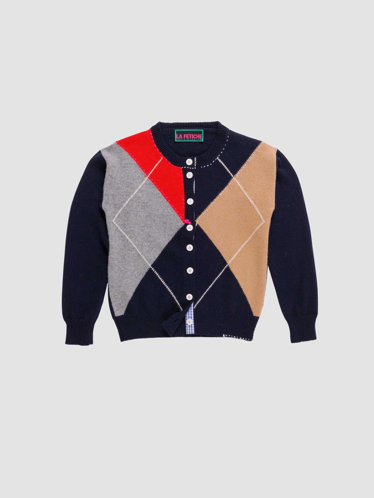 Crew Neck Argyle Cardigan - La Fetiche - Navy / Camel / Grey / Red / Neon Pink