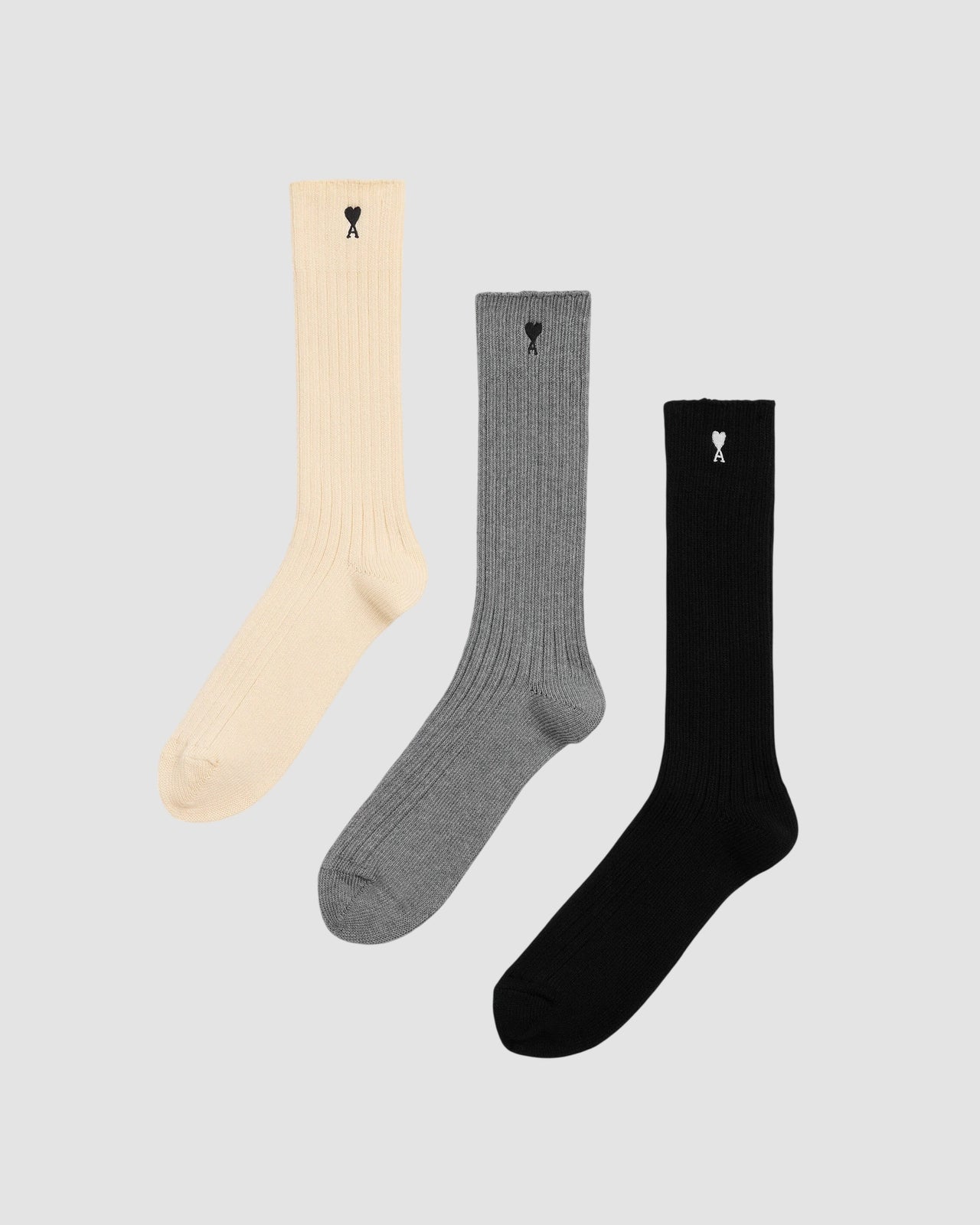 pack three ami de coeur embroidery socks   white grey black 1