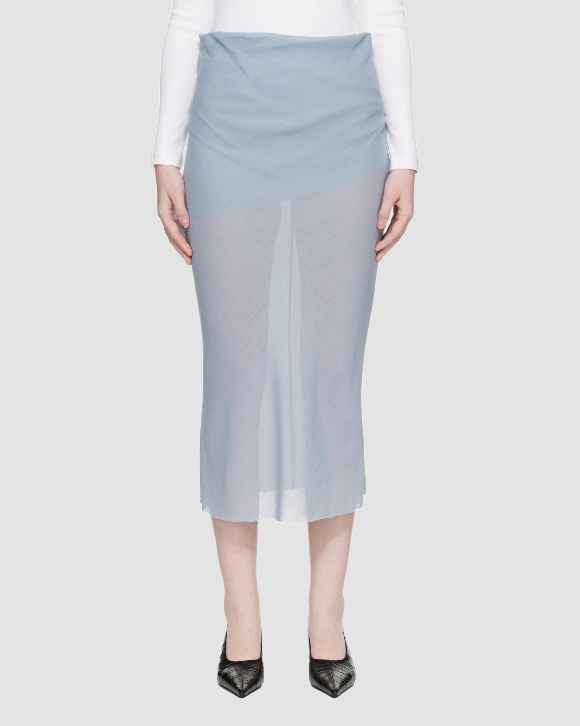 rier jupe midi drapee bleue en gaze de laine