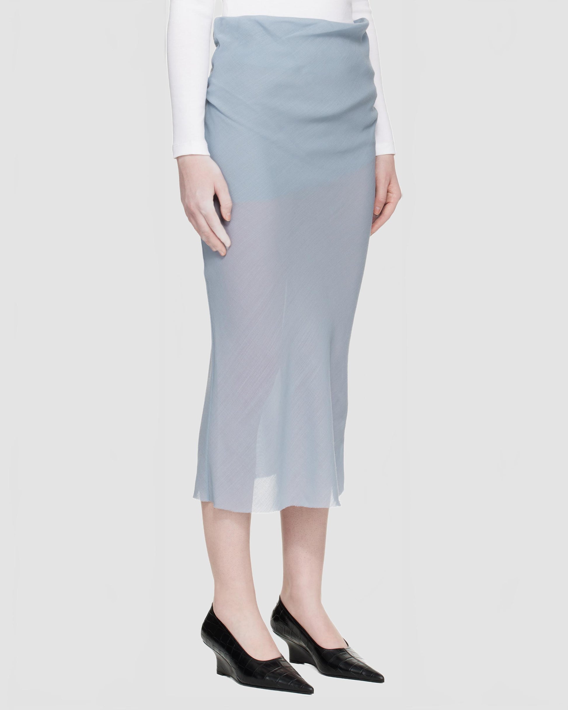 rier jupe midi drapee bleue en gaze de laine 2520 25281 2529