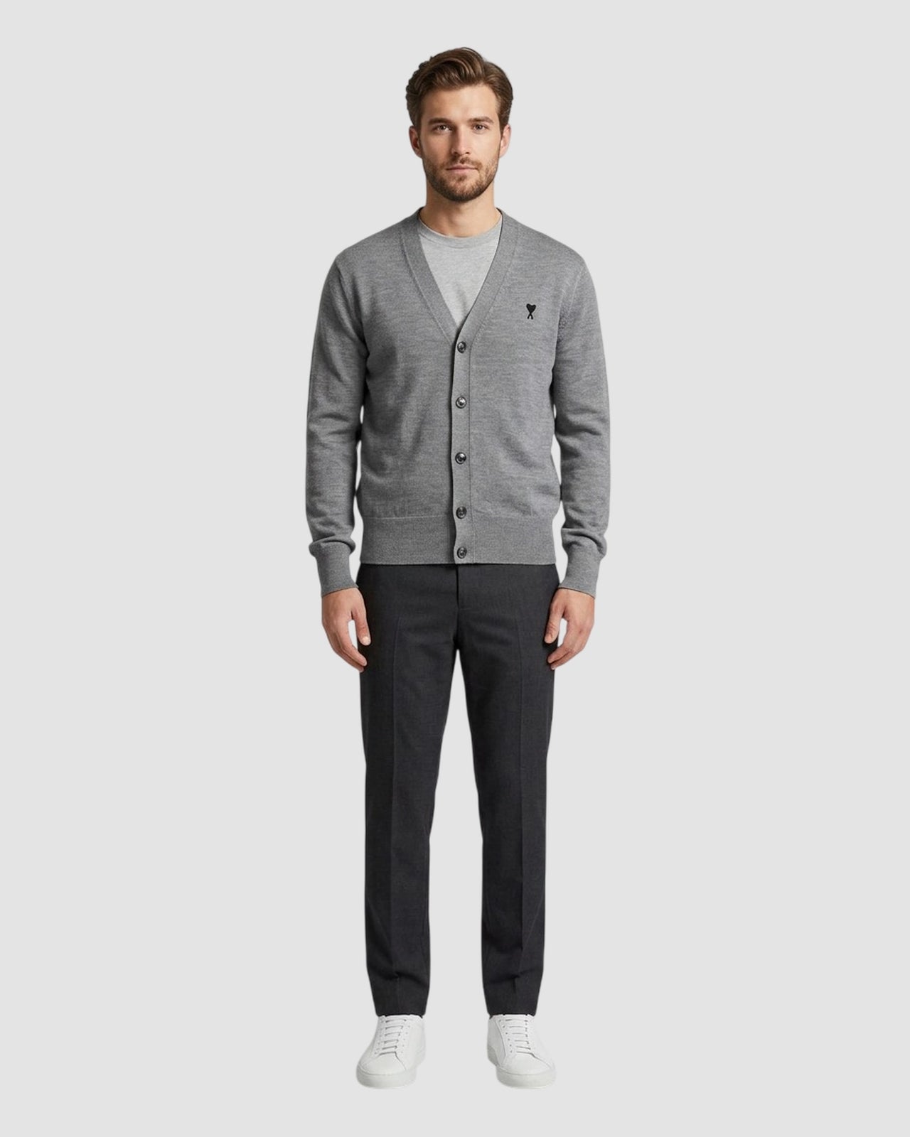 v neck cardigan with ami de coeur   heather ash grey black 2