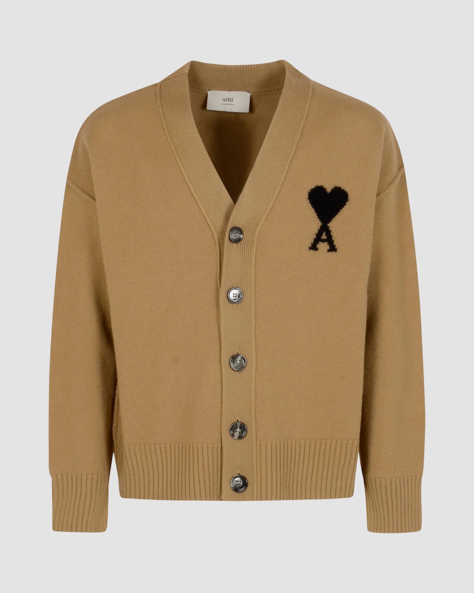 v neck cardigan with ami de coeur   heather camel black 1